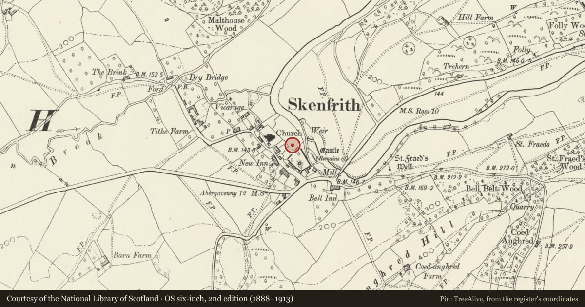 Ordnance Survey six-inch map, 2nd edition (1888–1913) covering the location of Skenfrith Castle, Llangattock-Vibon-Avel, Monmouthshire, with a pin at the register's coordinates