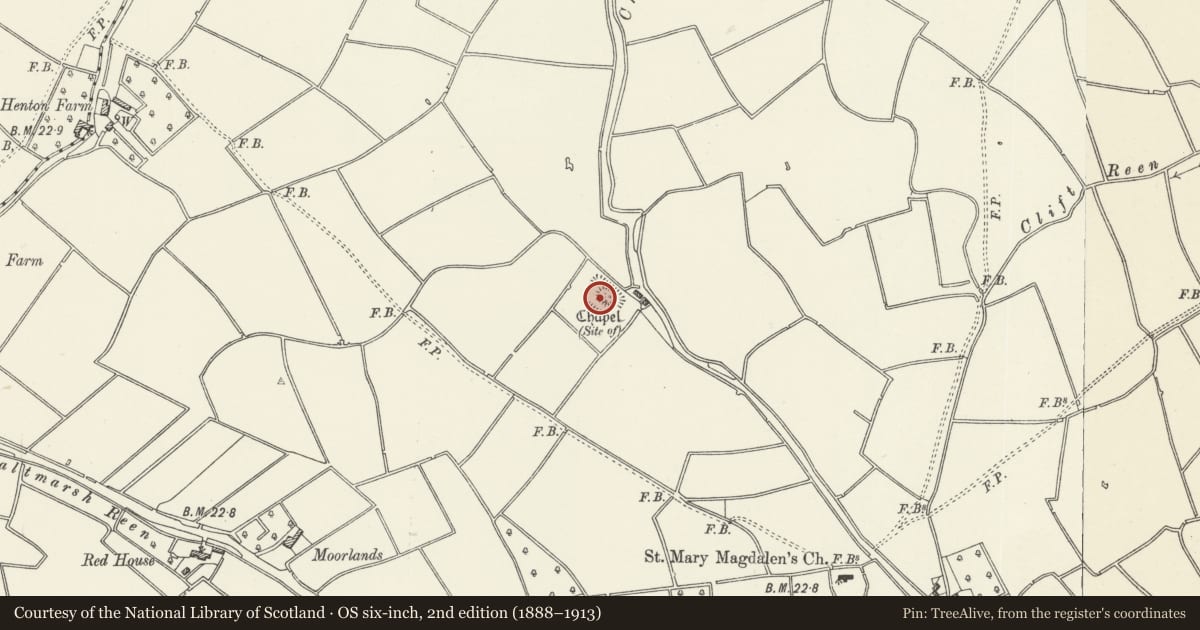 Ordnance Survey six-inch map, 2nd edition (1888–1913) covering the location of Goldcliff Moated House Site, Newport, with a pin at the register's coordinates