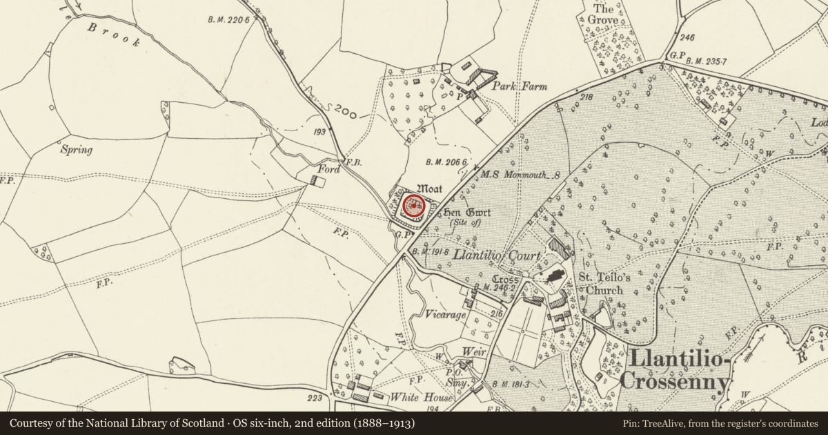 Ordnance Survey six-inch map, 2nd edition (1888–1913) covering the location of Hen Gwrt Medieval Moated Site, Llantilio Crossenny, Monmouthshire, with a pin at the register's coordinates