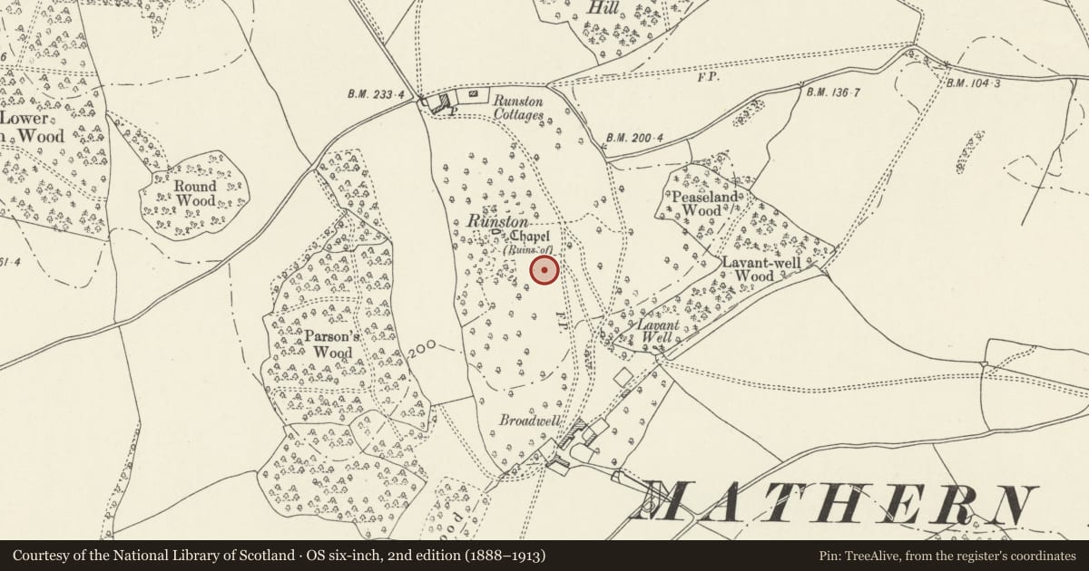 Ordnance Survey six-inch map, 2nd edition (1888–1913) covering the location of Runston Medieval Village Site & Runston Chapel, Mathern, Monmouthshire, with a pin at the register's coordinates