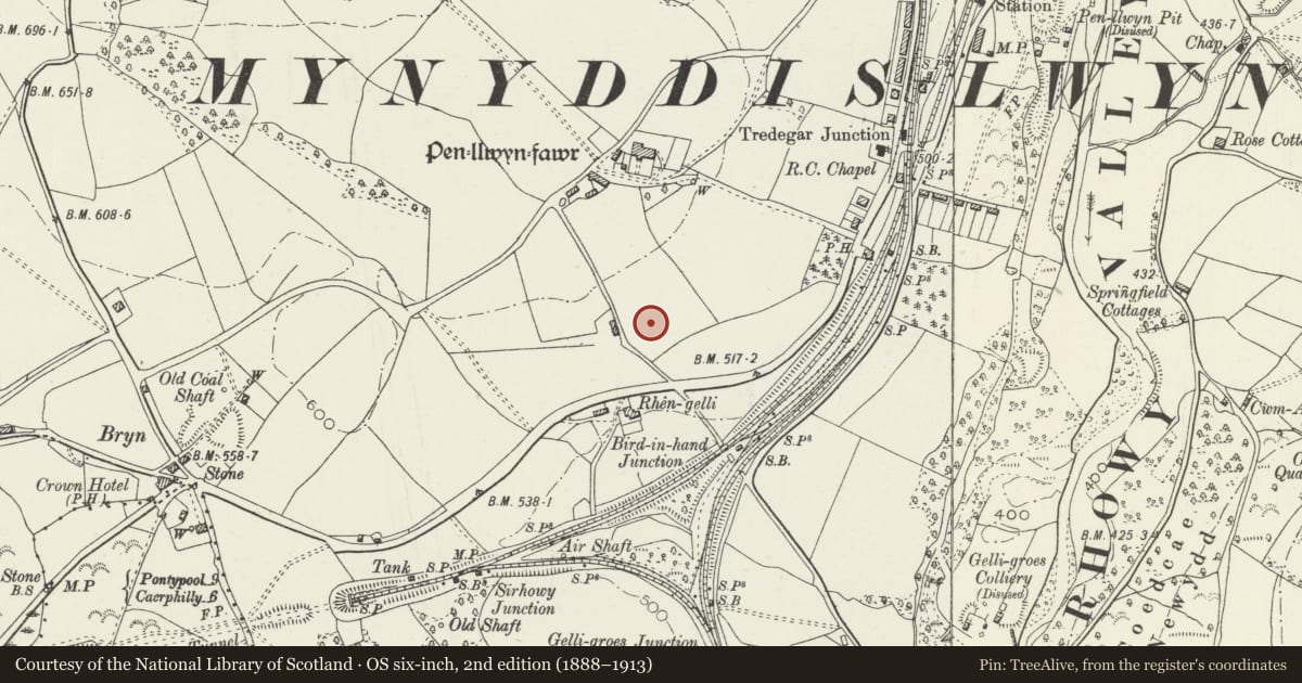 Ordnance Survey six-inch map, 2nd edition (1888–1913) covering the location of Fort South of Pen-Llwyn-Fawr, Pontllanfraith, Caerphilly, with a pin at the register's coordinates