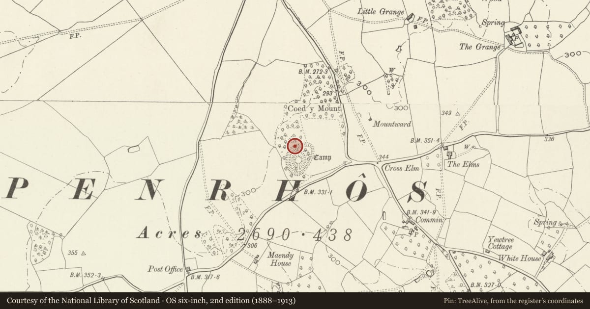 Ordnance Survey six-inch map, 2nd edition (1888–1913) covering the location of Penrhos Mound & Bailey Castle, Llantilio Crossenny, Monmouthshire, with a pin at the register's coordinates