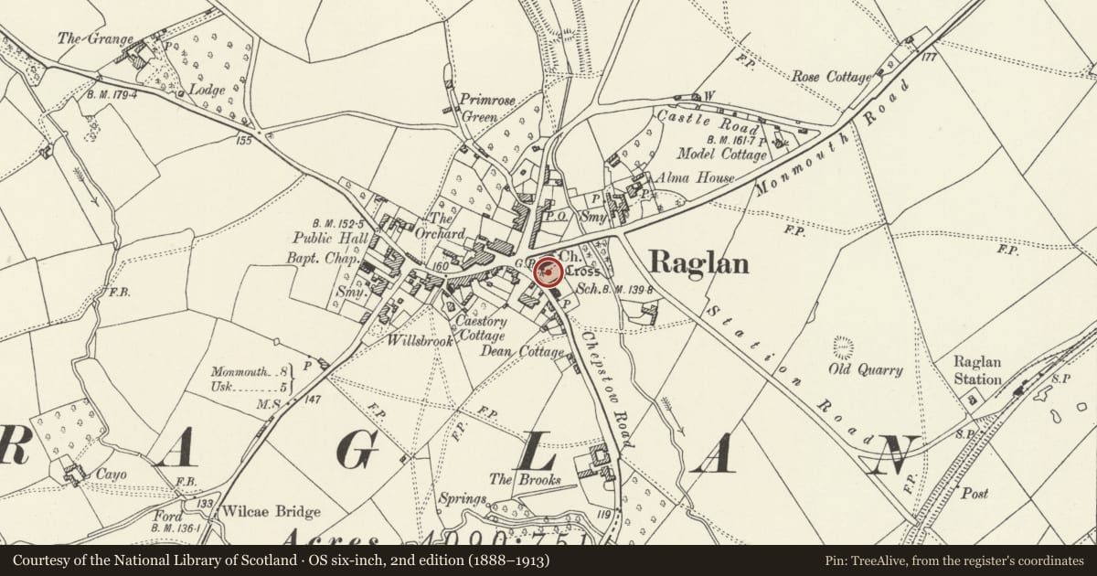 Ordnance Survey six-inch map, 2nd edition (1888–1913) covering the location of Raglan Churchyard Cross, Monmouthshire, with a pin at the register's coordinates