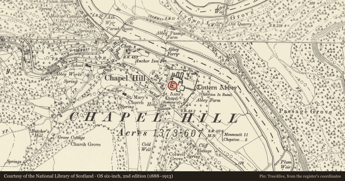 Ordnance Survey six-inch map, 2nd edition (1888–1913) covering the location of Tintern Abbey, Wye Valley, Monmouthshire, with a pin at the register's coordinates