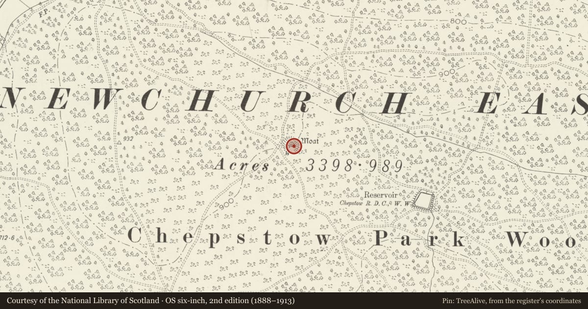 Ordnance Survey six-inch map, 2nd edition (1888–1913) covering the location of Chepstow Park Wood Moated Site, Devauden, Monmouthshire, with a pin at the register's coordinates
