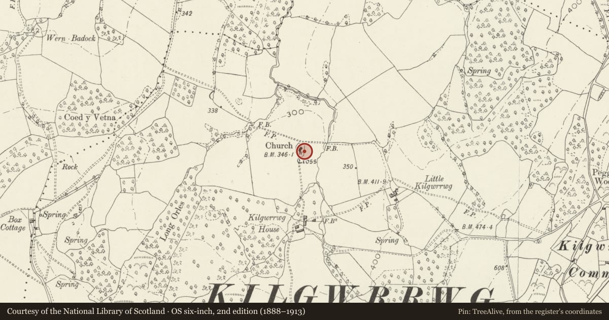 Ordnance Survey six-inch map, 2nd edition (1888–1913) covering the location of Kilgwrrwg Churchyard Cross, Devauden, Monmouthshire, with a pin at the register's coordinates