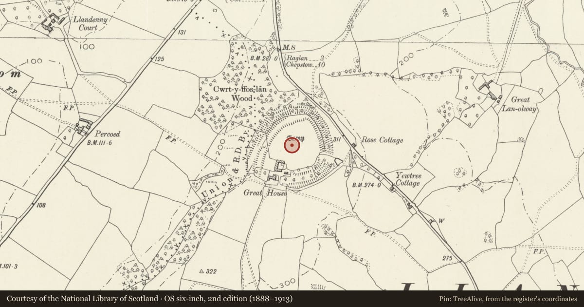 Ordnance Survey six-inch map, 2nd edition (1888–1913) covering the location of Great House Camp, Llangwm, Monmouthshire, with a pin at the register's coordinates
