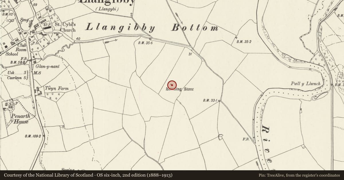 Ordnance Survey six-inch map, 2nd edition (1888–1913) covering the location of Llangibby Bottom Standing Stone, Llangybi, Monmouthshire, with a pin at the register's coordinates