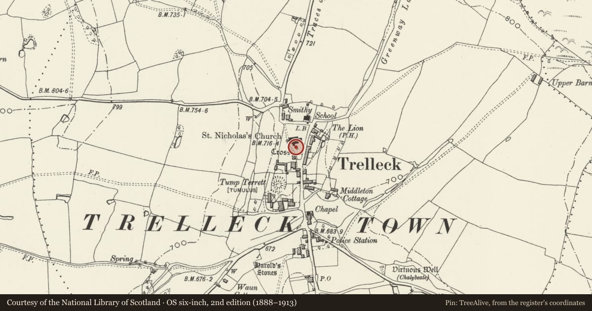 Ordnance Survey six-inch map, 2nd edition (1888–1913) covering the location of Trellech Churchyard Cross, Trellech United, Monmouthshire, with a pin at the register's coordinates