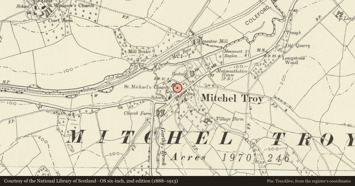Ordnance Survey six-inch map, 2nd edition (1888–1913) covering the location of Mitchel Troy Churchyard Cross, Monmouthshire, with a pin at the register's coordinates