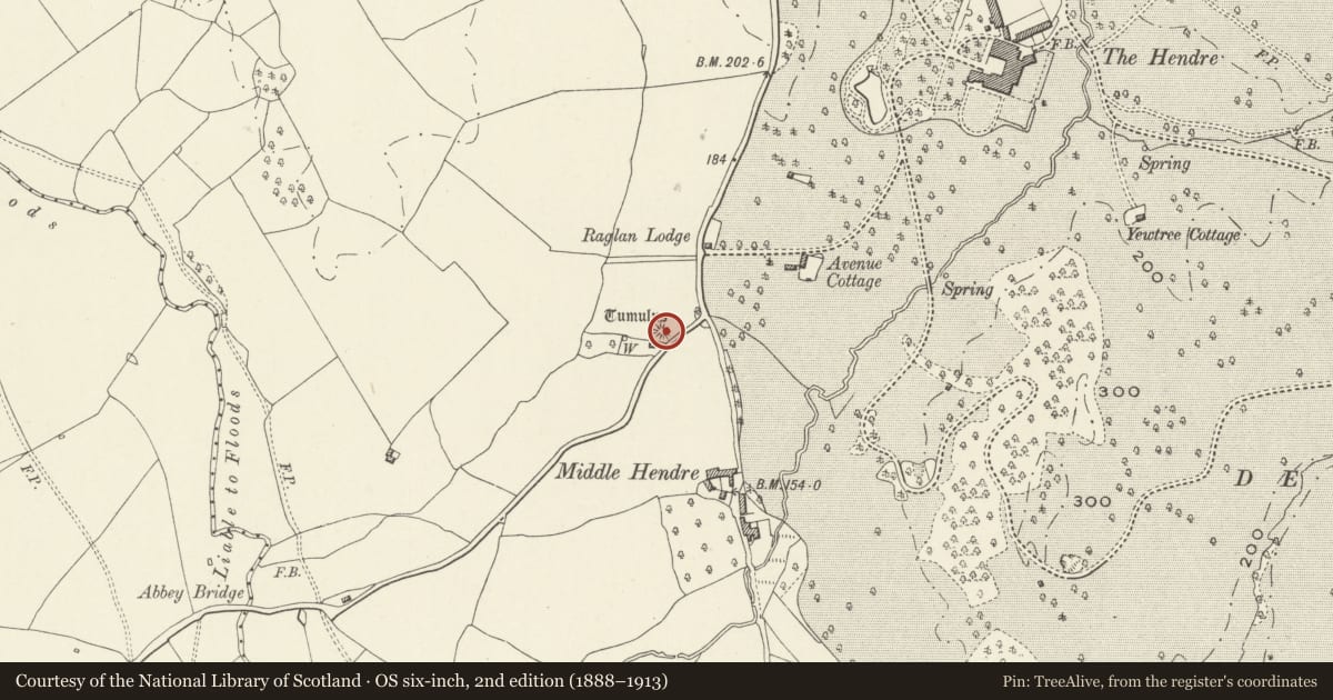 Ordnance Survey six-inch map, 2nd edition (1888–1913) covering the location of Middle Hendre Round Barrow, Llangattock-Vibon-Avel, Monmouthshire, with a pin at the register's coordinates