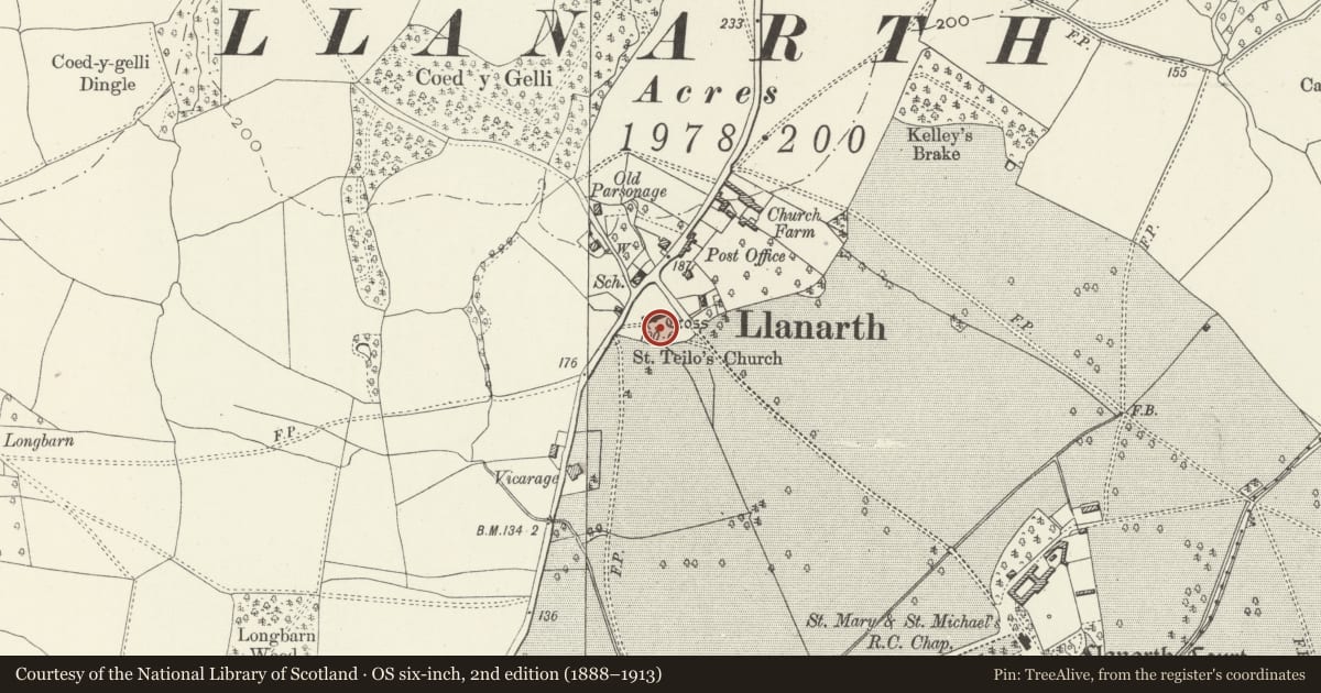 Ordnance Survey six-inch map, 2nd edition (1888–1913) covering the location of Llanarth Churchyard Cross-Base, Monmouthshire, with a pin at the register's coordinates