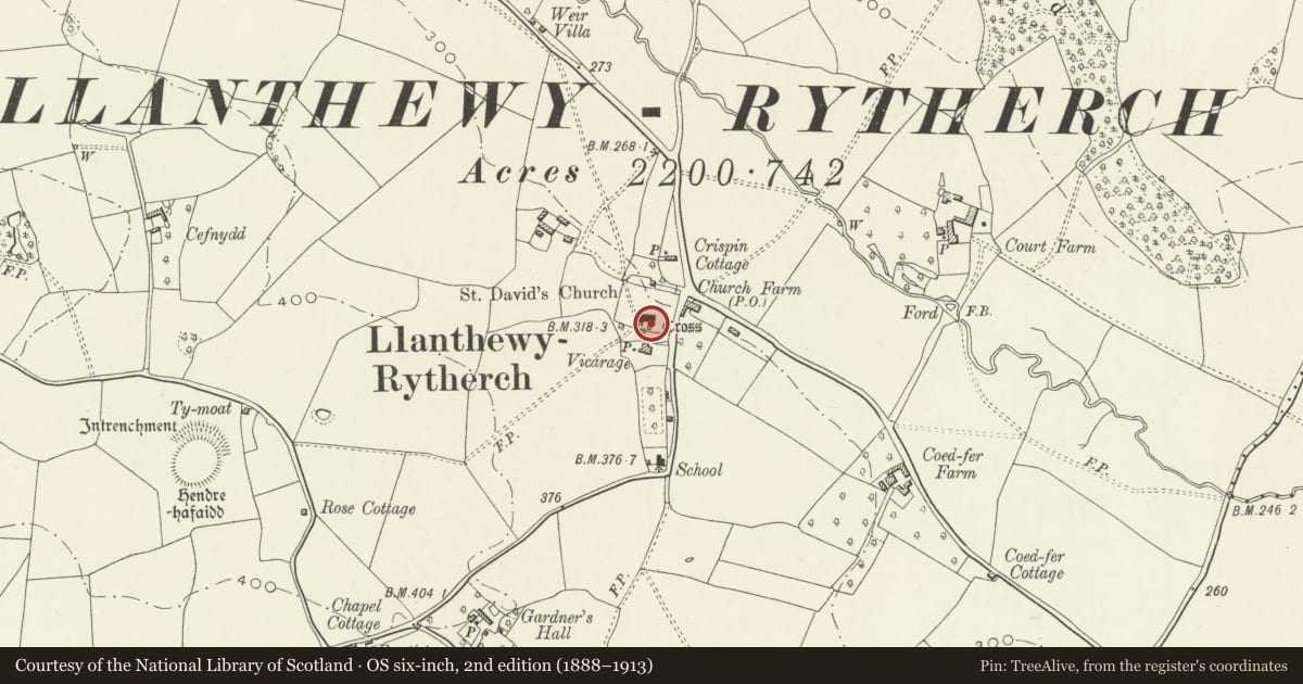 Ordnance Survey six-inch map, 2nd edition (1888–1913) covering the location of Llanthewy-Rhytherch Churchyard Cross-Base, Llanover, Monmouthshire, with a pin at the register's coordinates