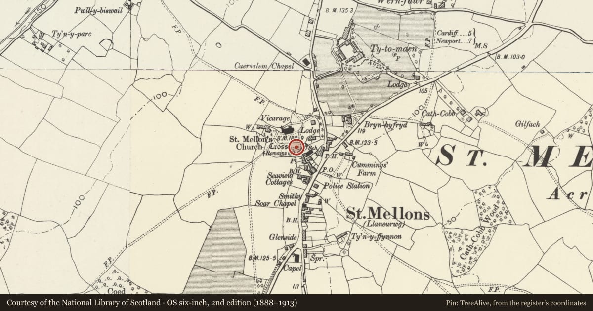 Ordnance Survey six-inch map, 2nd edition (1888–1913) covering the location of St Mellons Churchyard Cross, Old St. Mellons, Cardiff, with a pin at the register's coordinates