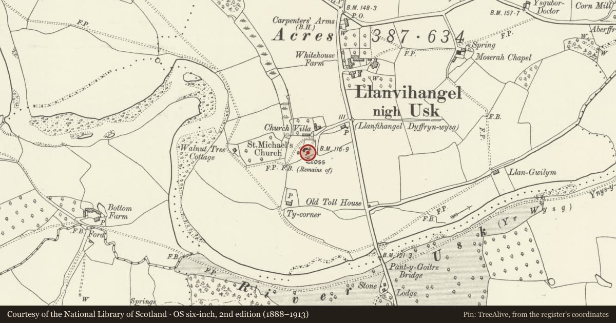 Ordnance Survey six-inch map, 2nd edition (1888–1913) covering the location of Llanvihangel Nigh Usk Churchyard Cross, Llanover, Monmouthshire, with a pin at the register's coordinates