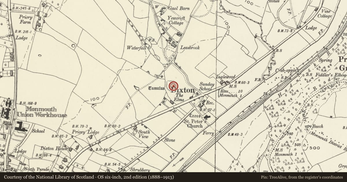 Ordnance Survey six-inch map, 2nd edition (1888–1913) covering the location of Dixton Mound, Monmouth, Monmouthshire, with a pin at the register's coordinates