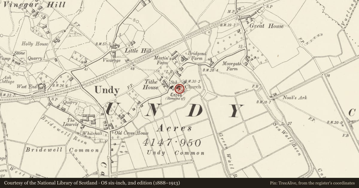 Ordnance Survey six-inch map, 2nd edition (1888–1913) covering the location of Undy Churchyard Cross, Magor with Undy, Monmouthshire, with a pin at the register's coordinates