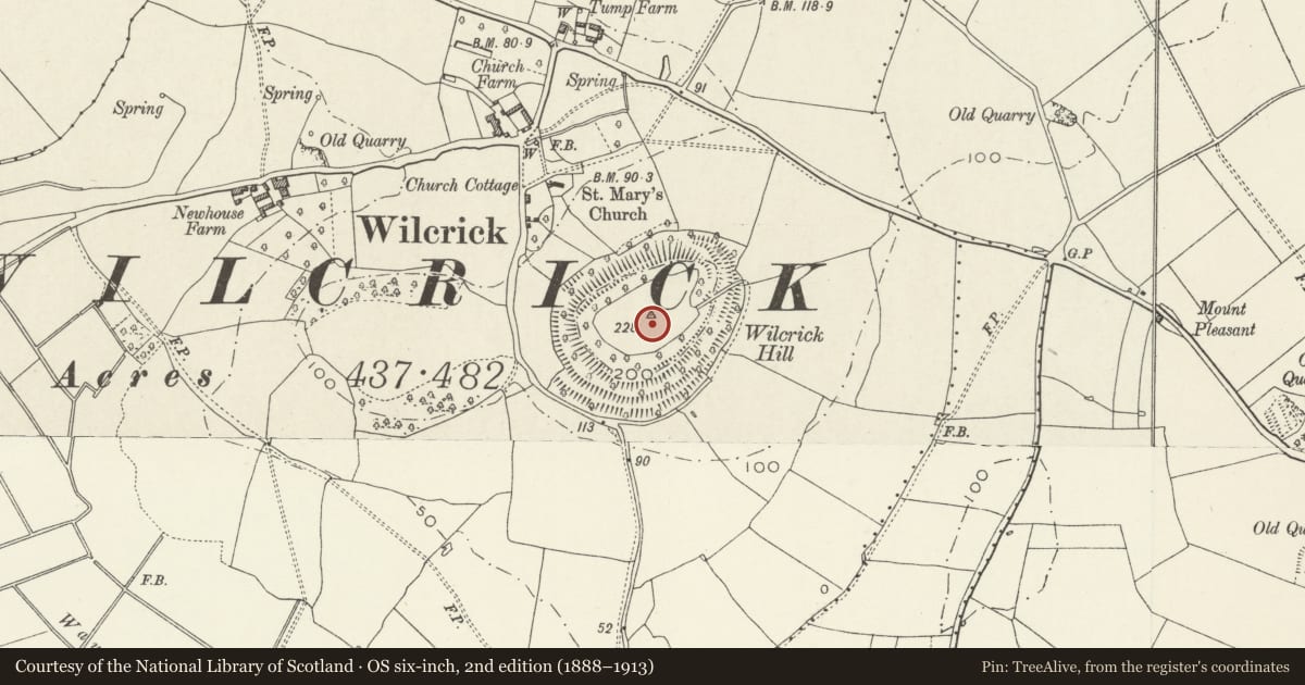 Ordnance Survey six-inch map, 2nd edition (1888–1913) covering the location of Wilcrick Hill Camp, Magor with Undy, Monmouthshire, with a pin at the register's coordinates