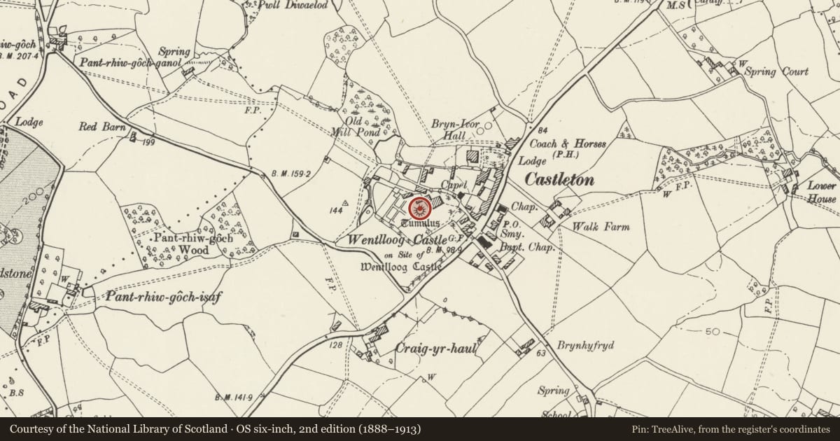 Ordnance Survey six-inch map, 2nd edition (1888–1913) covering the location of Wentloog Castle, Marshfield, Newport, with a pin at the register's coordinates