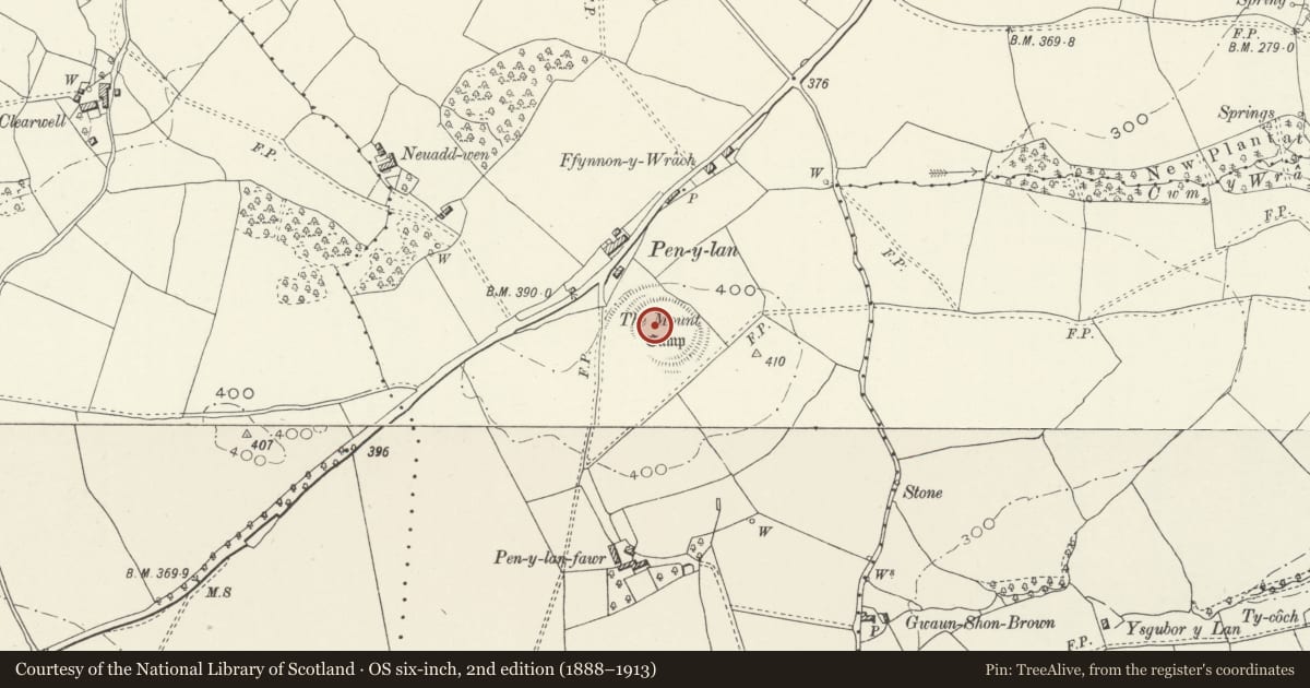 Ordnance Survey six-inch map, 2nd edition (1888–1913) covering the location of Pen-y-Lan Camp, Michaelstone-y-Fedw, Newport, with a pin at the register's coordinates