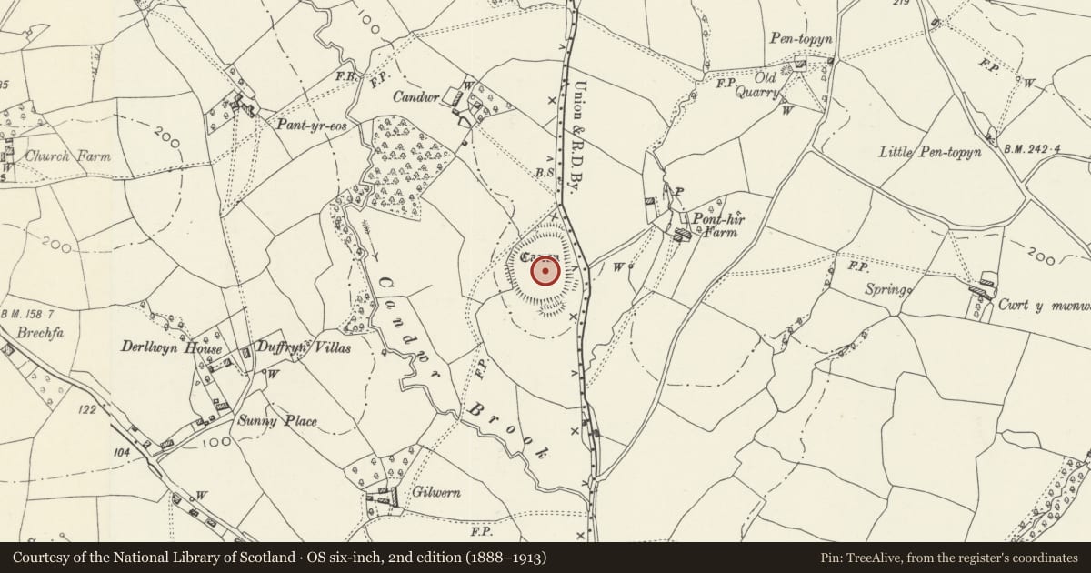 Ordnance Survey six-inch map, 2nd edition (1888–1913) covering the location of Candwr Camp, Llanhennock, Monmouthshire, with a pin at the register's coordinates