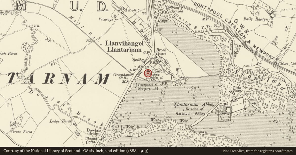 Ordnance Survey six-inch map, 2nd edition (1888–1913) covering the location of Churchyard Cross, Llantarnam, Torfaen, with a pin at the register's coordinates