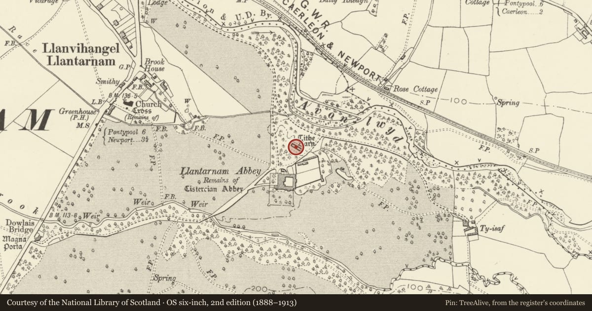 Ordnance Survey six-inch map, 2nd edition (1888–1913) covering the location of Llantarnam Abbey Tithe Barn, Torfaen, with a pin at the register's coordinates