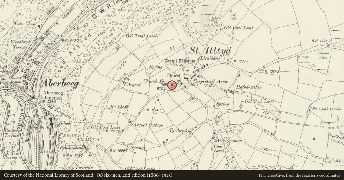 Ordnance Survey six-inch map, 2nd edition (1888–1913) covering the location of St Illtyd Castle Mound, Llanhilleth, Blaenau Gwent, with a pin at the register's coordinates