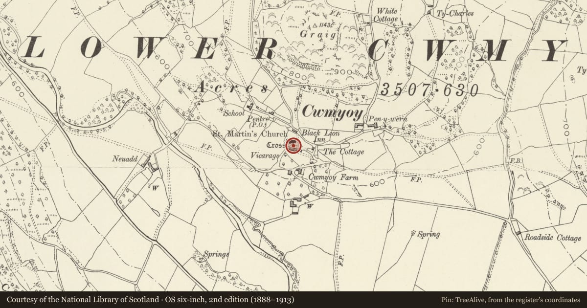 Ordnance Survey six-inch map, 2nd edition (1888–1913) covering the location of Cwmyoy Churchyard Cross, Crucorney, Monmouthshire, with a pin at the register's coordinates