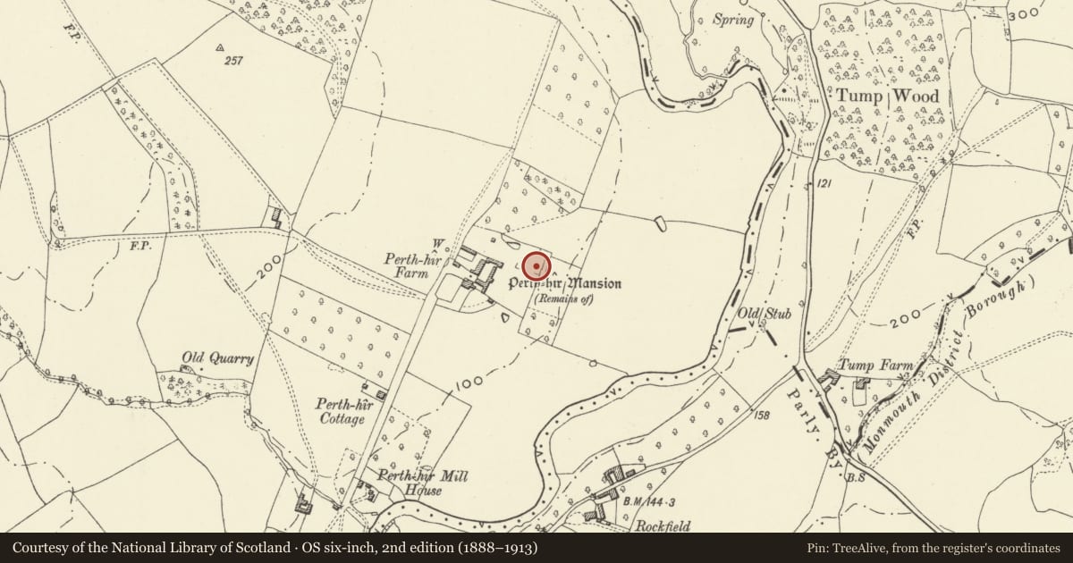 Ordnance Survey six-inch map, 2nd edition (1888–1913) covering the location of Perth-Hir House (Remains of), Llangattock-Vibon-Avel, Monmouthshire, with a pin at the register's coordinates
