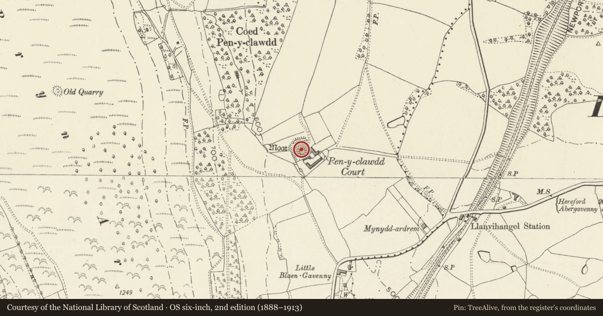 Ordnance Survey six-inch map, 2nd edition (1888–1913) covering the location of Pen y Clawdd Castle Mound, Crucorney, Monmouthshire, with a pin at the register's coordinates