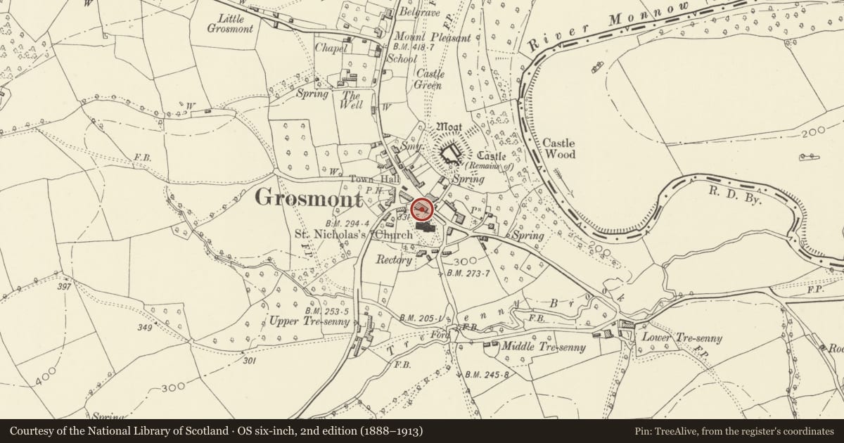 Ordnance Survey six-inch map, 2nd edition (1888–1913) covering the location of Grosmont Churchyard Cross, Monmouthshire, with a pin at the register's coordinates