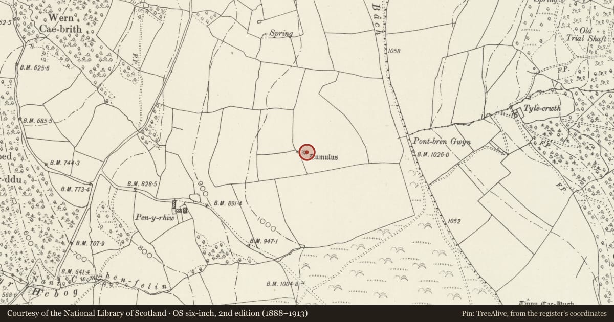 Ordnance Survey six-inch map, 2nd edition (1888–1913) covering the location of Pen-y-Rhiw Round Cairn, Maesycwmmer, Caerphilly, with a pin at the register's coordinates
