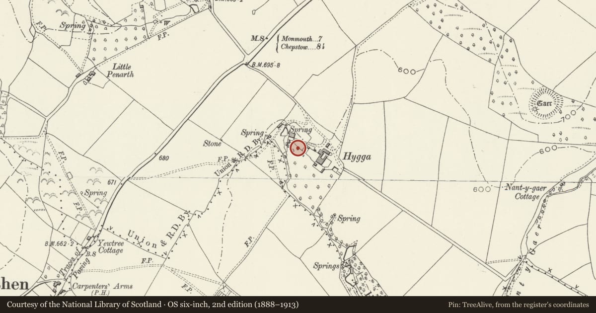 Ordnance Survey six-inch map, 2nd edition (1888–1913) covering the location of Dovecot at Hygga Farm, Trellech United, Monmouthshire, with a pin at the register's coordinates