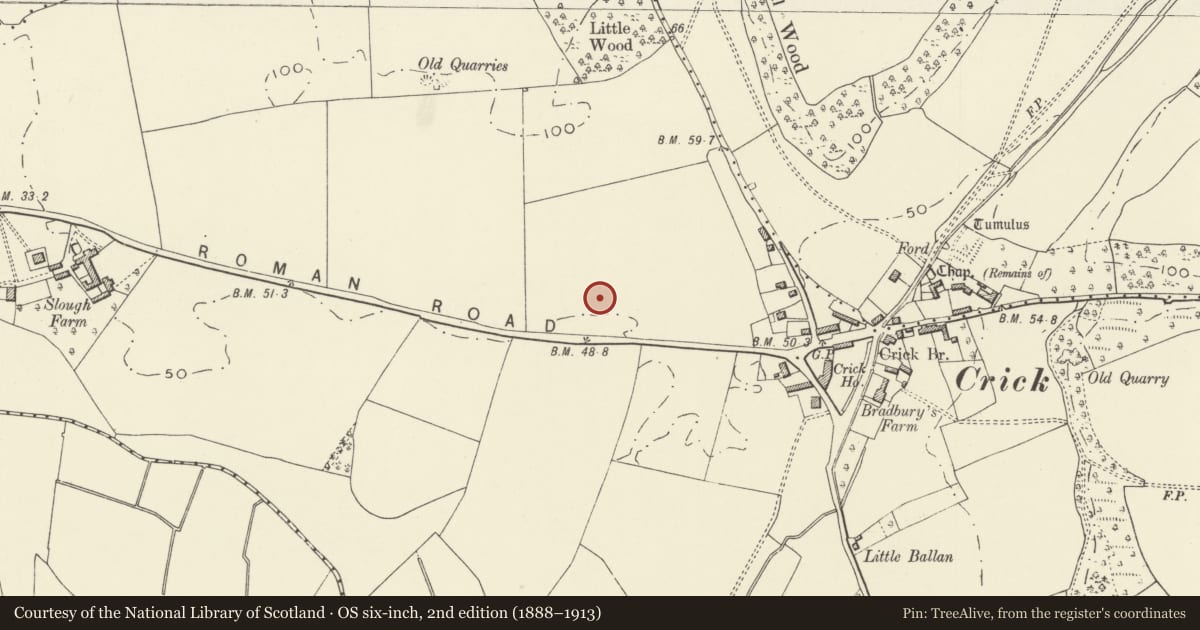 Ordnance Survey six-inch map, 2nd edition (1888–1913) covering the location of Crick Round Barrow, Caerwent, Monmouthshire, with a pin at the register's coordinates