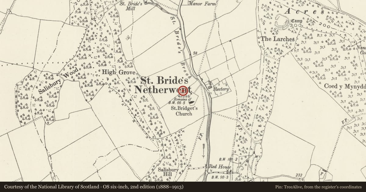 Ordnance Survey six-inch map, 2nd edition (1888–1913) covering the location of St Brides Netherwent Deserted Village, Caerwent, Monmouthshire, with a pin at the register's coordinates