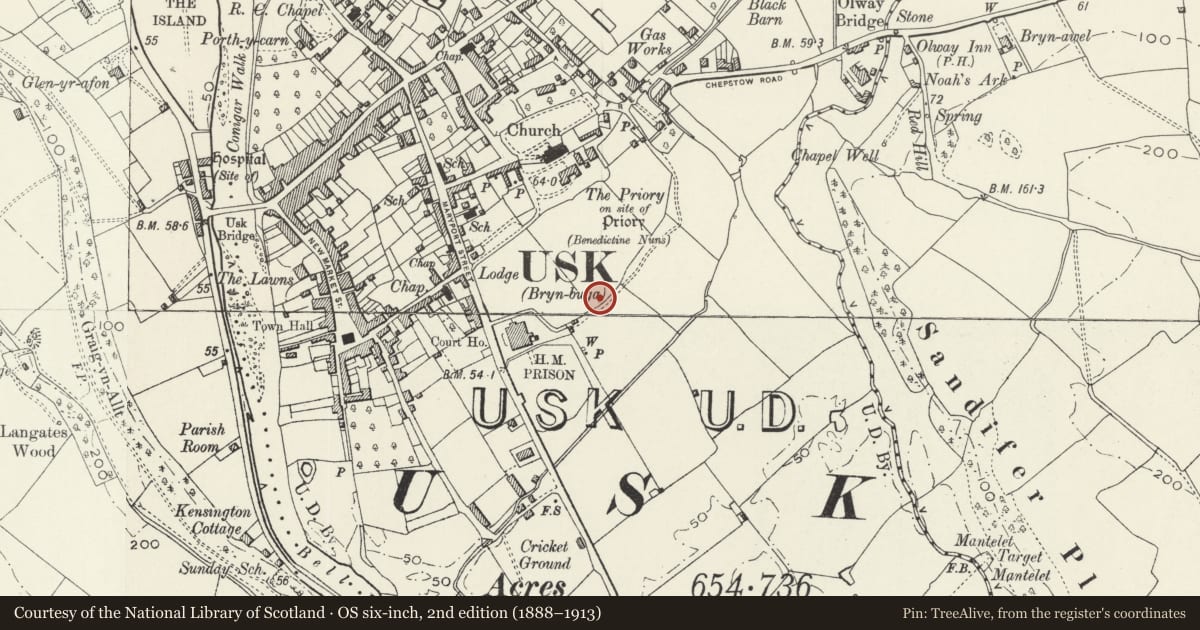 Ordnance Survey six-inch map, 2nd edition (1888–1913) covering the location of Usk Roman Site, Monmouthshire, with a pin at the register's coordinates