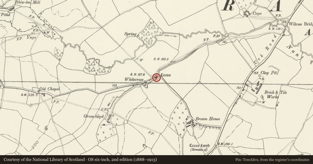 Ordnance Survey six-inch map, 2nd edition (1888–1913) covering the location of Cross on Croes Lwyd Farm, Raglan, Monmouthshire, with a pin at the register's coordinates