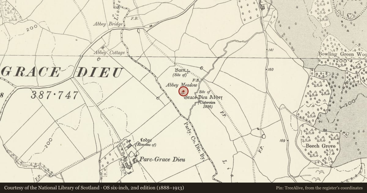 Ordnance Survey six-inch map, 2nd edition (1888–1913) covering the location of Site of Grace Dieu Abbey, Llangattock-Vibon-Avel, Monmouthshire, with a pin at the register's coordinates