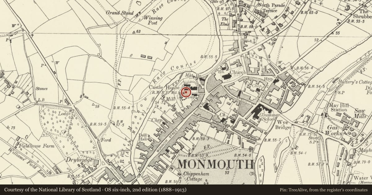 Ordnance Survey six-inch map, 2nd edition (1888–1913) covering the location of Monmouth Castle, Monmouthshire, with a pin at the register's coordinates