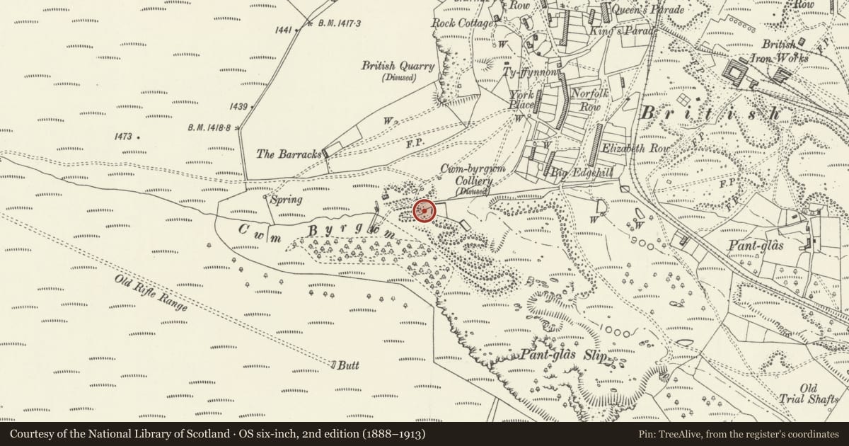 Ordnance Survey six-inch map, 2nd edition (1888–1913) covering the location of Cwmbyrgwm Colliery, Abersychan, Torfaen, with a pin at the register's coordinates