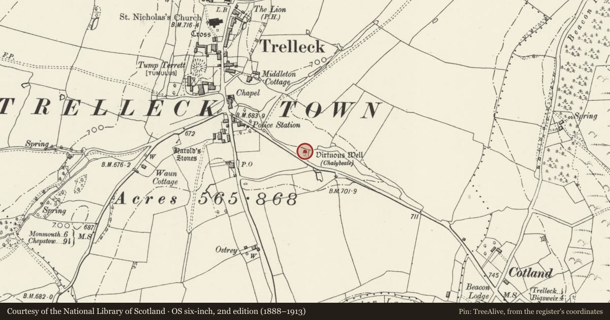 Ordnance Survey six-inch map, 2nd edition (1888–1913) covering the location of The Virtuous Well, Trellech United, Monmouthshire, with a pin at the register's coordinates