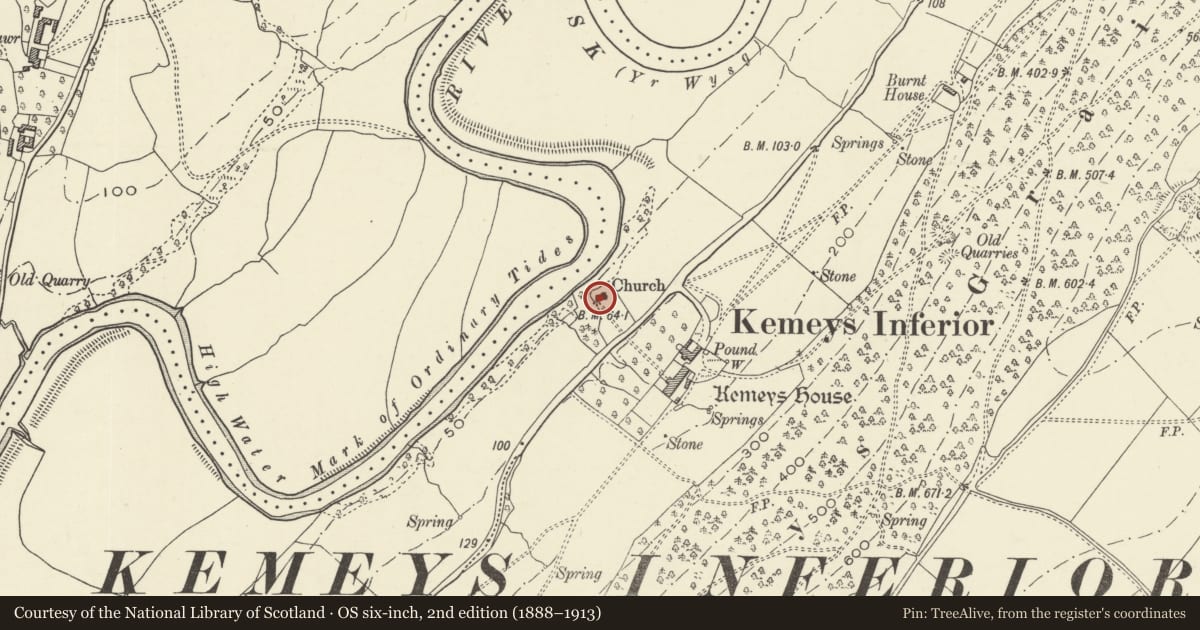 Ordnance Survey six-inch map, 2nd edition (1888–1913) covering the location of All Saint's Church, Kemys Inferior, Langstone, Newport, with a pin at the register's coordinates