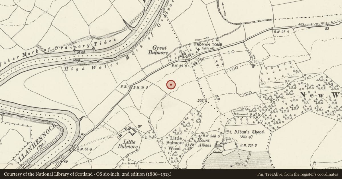 Ordnance Survey six-inch map, 2nd edition (1888–1913) covering the location of Great Bulmore Roman settlement, Caerleon, Newport, with a pin at the register's coordinates