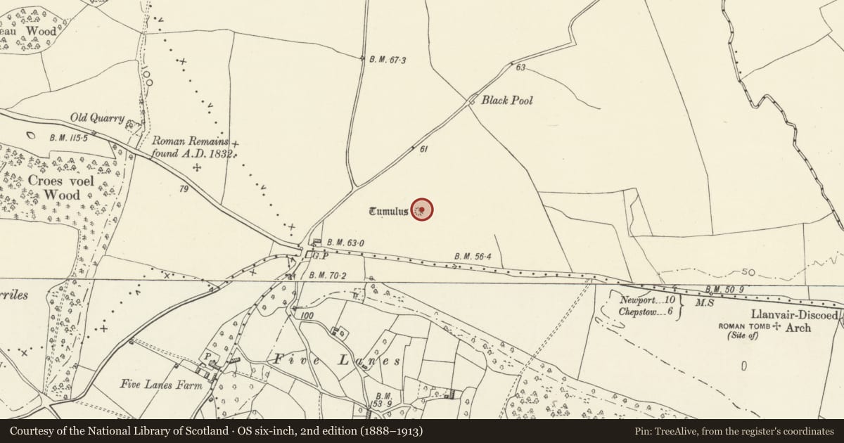 Ordnance Survey six-inch map, 2nd edition (1888–1913) covering the location of Round Barrow 250m North East of Five Lanes, Caerwent, Monmouthshire, with a pin at the register's coordinates