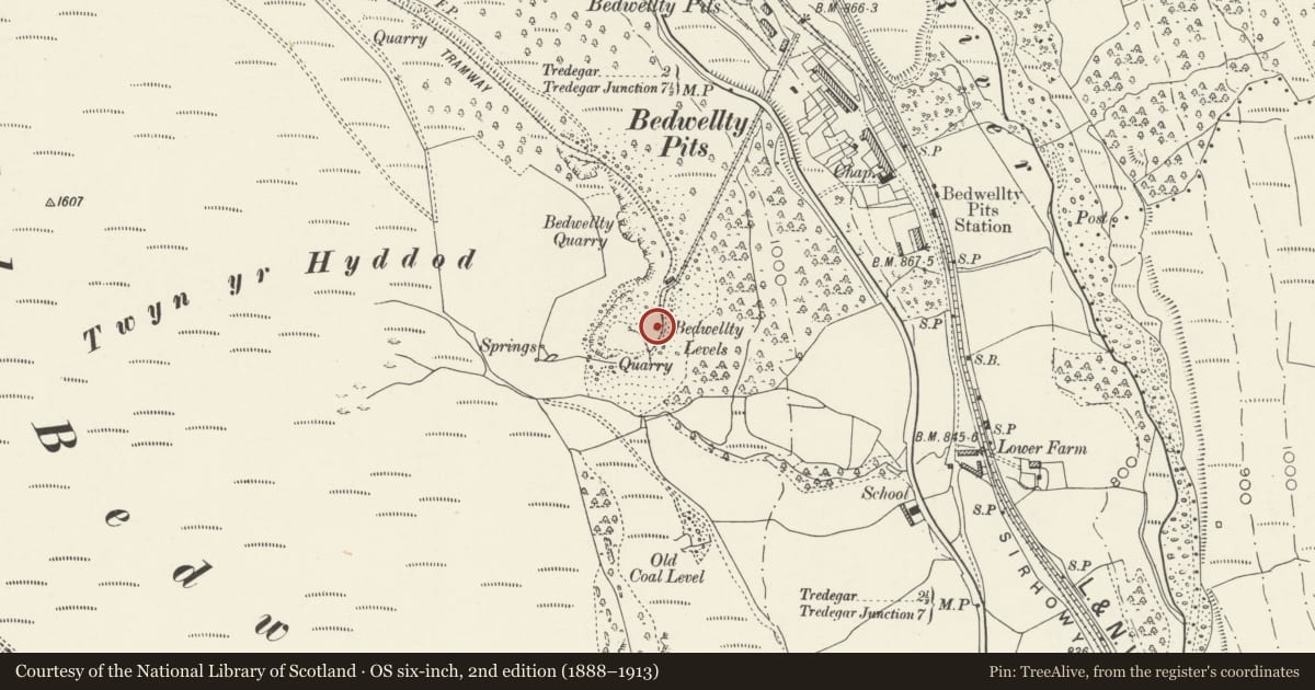 Ordnance Survey six-inch map, 2nd edition (1888–1913) covering the location of Incline Haulage Winding Engine, Mynydd Bedwellty, Tredegar, Blaenau Gwent, with a pin at the register's coordinates