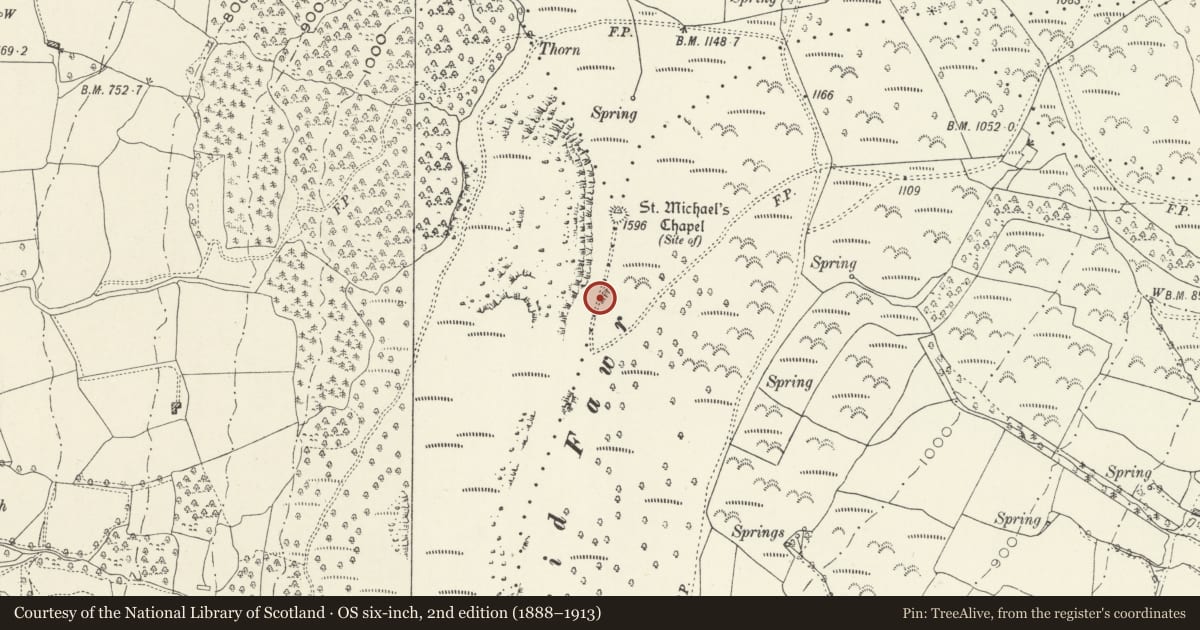 Ordnance Survey six-inch map, 2nd edition (1888–1913) covering the location of Remains of St Michael's Chapel and Skirrid Fawr Defended Enclosure, Llantilio Pertholey, Monmouthshire, with a pin at the register's coordinates