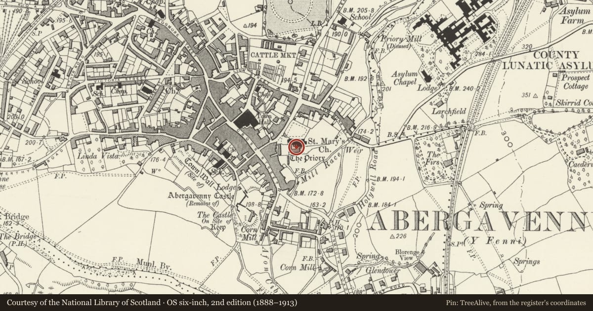Ordnance Survey six-inch map, 2nd edition (1888–1913) covering the location of Area of Conventual Buildings, St Mary's Priory, Abergavenny, Monmouthshire, with a pin at the register's coordinates