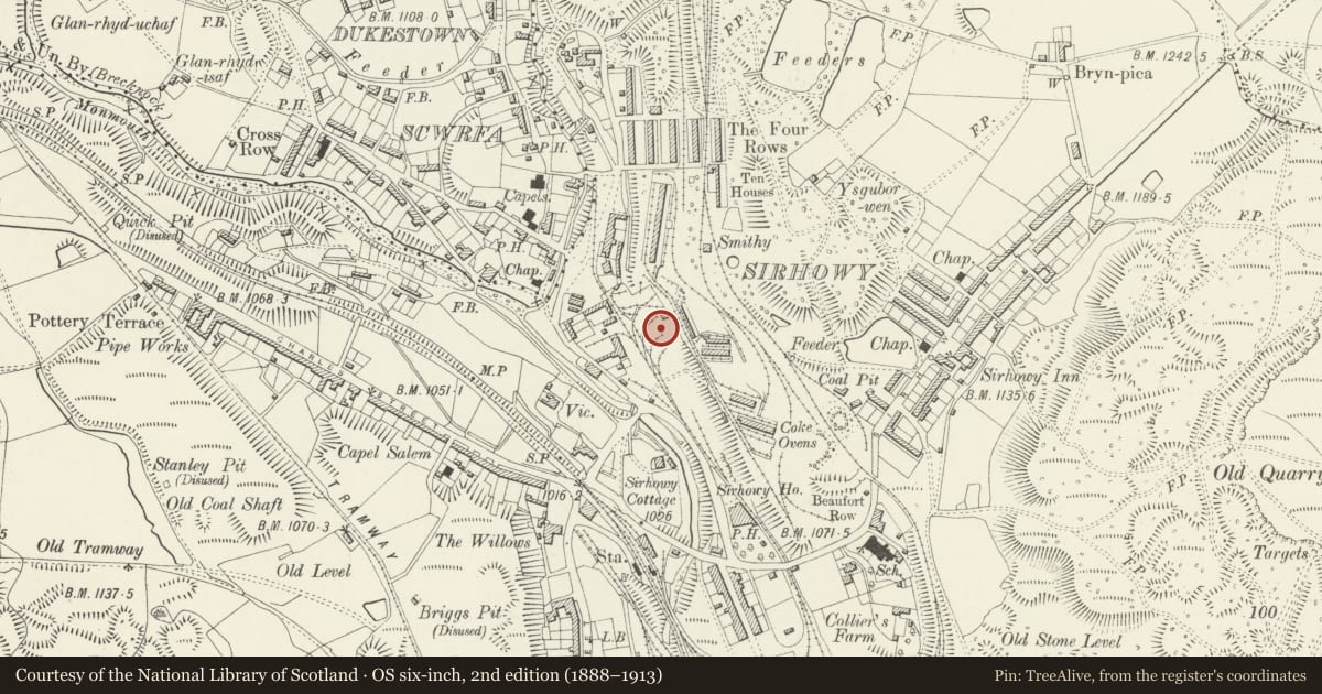 Ordnance Survey six-inch map, 2nd edition (1888–1913) covering the location of Ironworks, Tredegar, Blaenau Gwent, with a pin at the register's coordinates