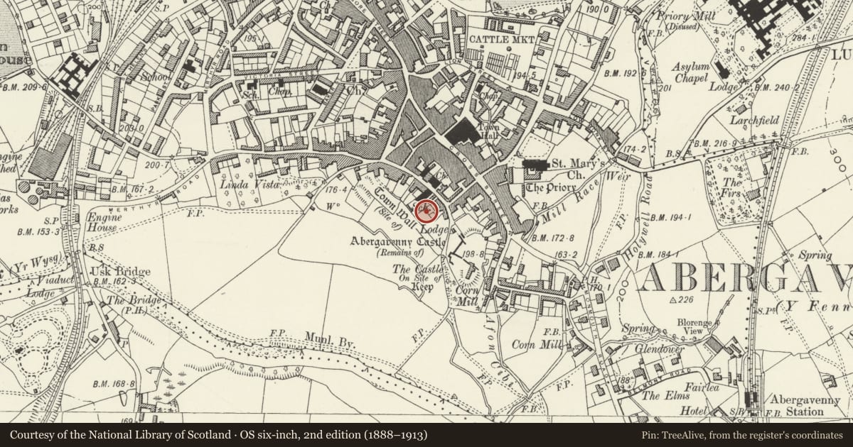 Ordnance Survey six-inch map, 2nd edition (1888–1913) covering the location of Abergavenny Roman Fort, Monmouthshire, with a pin at the register's coordinates